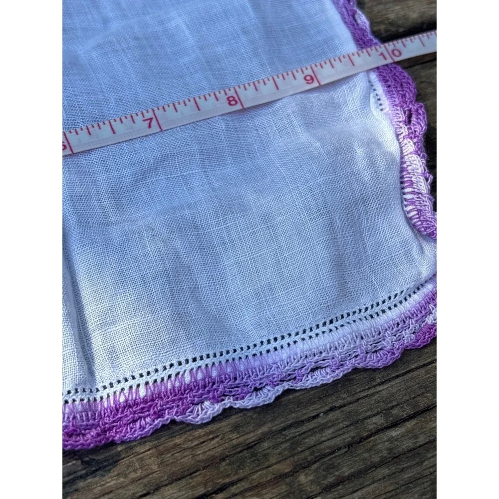 Vintage White Handkerchief‎ With Purple Crocheted Trim READ